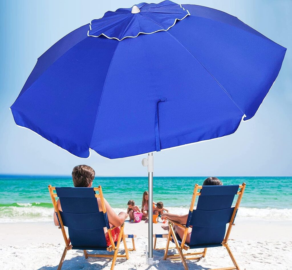 AMMSUN 6.5ft Twice Folded Portable Beach Umbrella with Sand Anchor Windproof,Push Button Tilt and Air Vent UV 50+ Protection Fits in a Large Suitcase for Patio Garden Beach Pool Backyard Blue