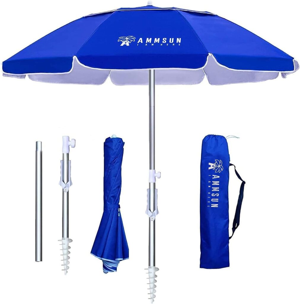 AMMSUN 6.5ft Twice Folded Portable Beach Umbrella with Sand Anchor Windproof,Push Button Tilt and Air Vent UV 50+ Protection Fits in a Large Suitcase for Patio Garden Beach Pool Backyard Blue