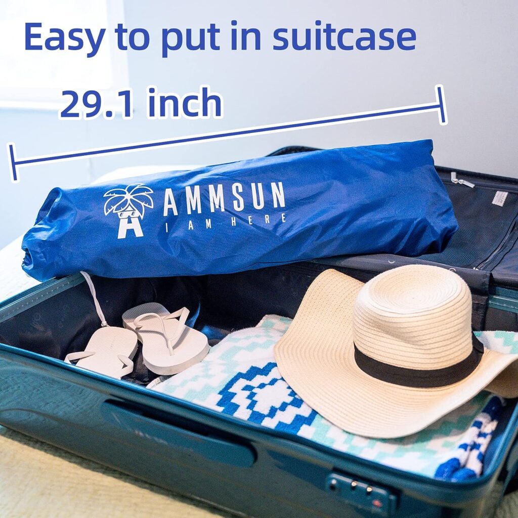 AMMSUN 6.5ft Twice Folded Portable Beach Umbrella with Sand Anchor Windproof,Push Button Tilt and Air Vent UV 50+ Protection Fits in a Large Suitcase for Patio Garden Beach Pool Backyard Blue