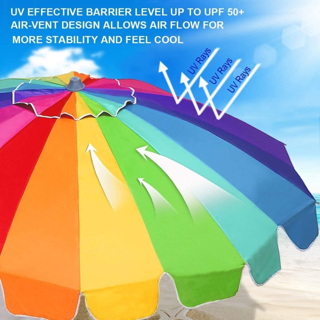 AMMSUN 7.5ft Heavy Duty HIGH Wind Beach Umbrella with sand anchor  Tilt Sun Shelter, UV 50+ Protection Outdoor Umbrellas Sunshade with Carry Bag for Patio Garden Pool Backyard (Rainbow)