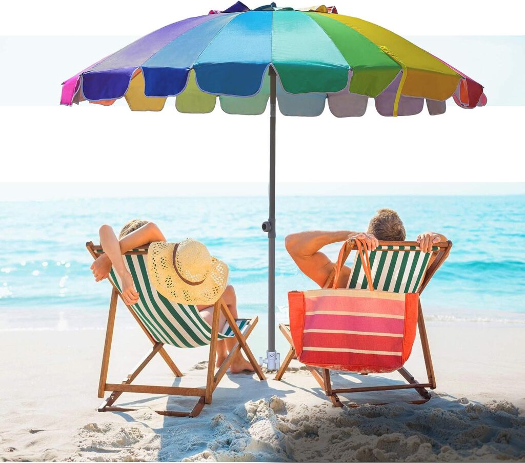 AMMSUN 7.5ft Heavy Duty HIGH Wind Beach Umbrella with sand anchor  Tilt Sun Shelter, UV 50+ Protection Outdoor Umbrellas Sunshade with Carry Bag for Patio Garden Pool Backyard (Rainbow)