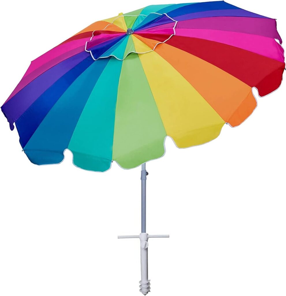 AMMSUN 7.5ft Heavy Duty HIGH Wind Beach Umbrella with sand anchor  Tilt Sun Shelter, UV 50+ Protection Outdoor Umbrellas Sunshade with Carry Bag for Patio Garden Pool Backyard (Rainbow)