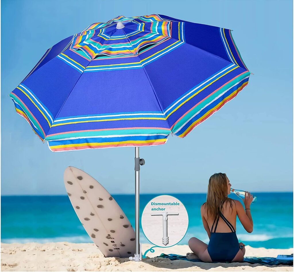 AMMSUN 7ft Heavy Duty High Wind Beach Umbrella Parasols with sand anchor  Tilt Sun Shelter, UV 50+ Protection Outdoor Sunshade Umbrella with Carry Bag for Patio Garden Beach Pool Backyard Stripe Blue