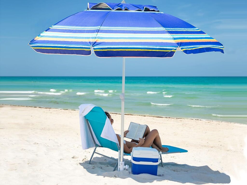 AMMSUN 7ft Heavy Duty High Wind Beach Umbrella Parasols with sand anchor  Tilt Sun Shelter, UV 50+ Protection Outdoor Sunshade Umbrella with Carry Bag for Patio Garden Beach Pool Backyard Stripe Blue