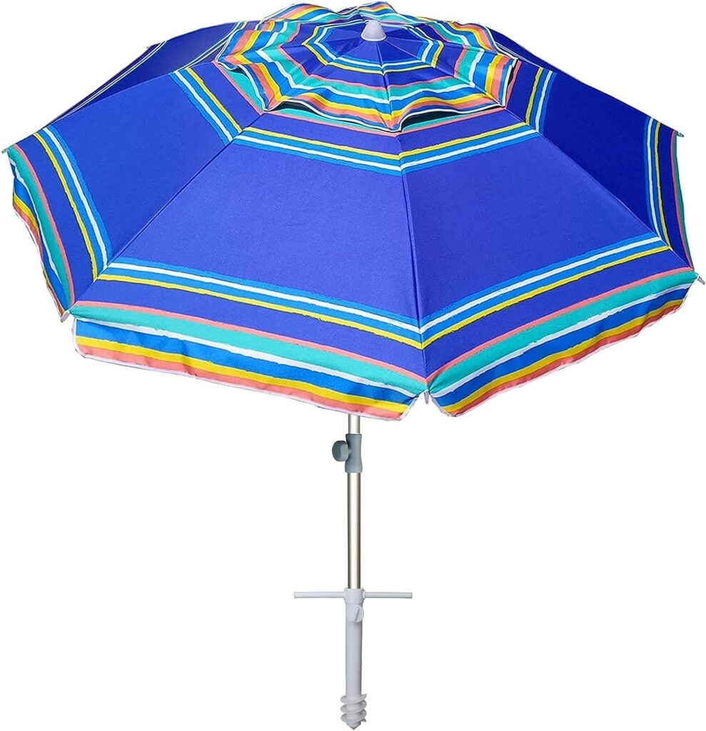 AMMSUN 7ft Heavy Duty High Wind Beach Umbrella Parasols with sand anchor  Tilt Sun Shelter, UV 50+ Protection Outdoor Sunshade Umbrella with Carry Bag for Patio Garden Beach Pool Backyard Stripe Blue