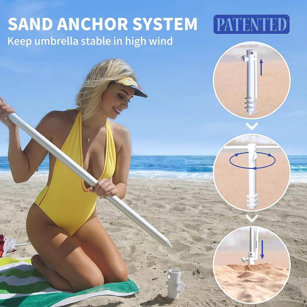 AMMSUN Beach Umbrellas for Sand Heavy Duty Wind Portable,6.5ft Outdoor Umbrella with Sand Anchor and UV Protection, Includes Carry Bag for Beach, Patio, and Garden, Yellow Stripes