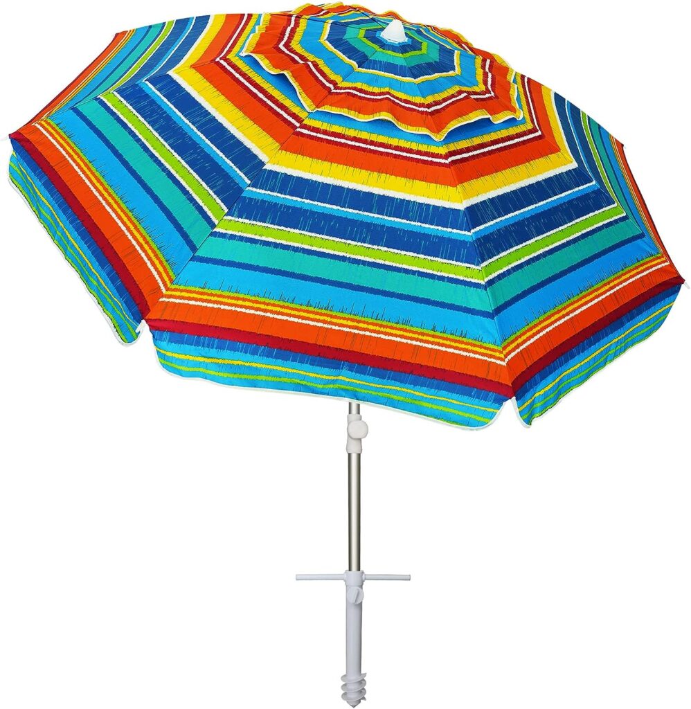 AMMSUN Beach Umbrellas for Sand Heavy Duty Wind Portable,6.5ft Outdoor Umbrella with Sand Anchor and UV Protection, Includes Carry Bag for Beach, Patio, and Garden, Yellow Stripes