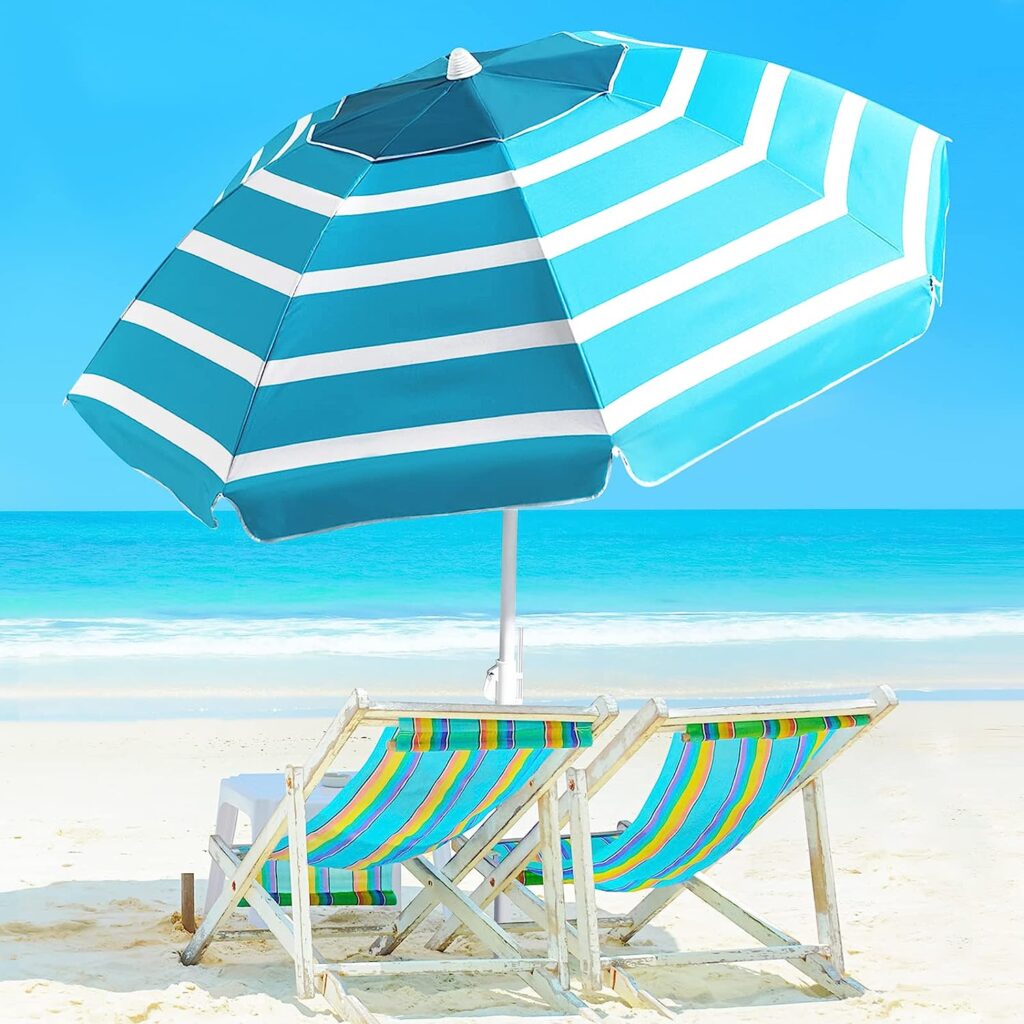 Beach Umbrella - Beach Umbrella for Sand Wind Portable with Tilt Pole, 6.56 FT Arc Length 5.9 FT Diameter, Heavy Duty Wind Resistant Striped Large Umbrellas, UV 50+ Parasol with Anchor Screw Adjustable Height