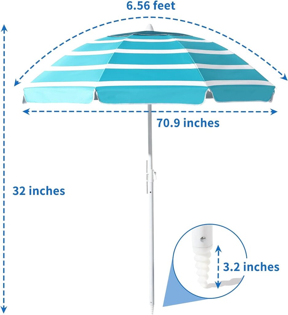 Beach Umbrella - Beach Umbrella for Sand Wind Portable with Tilt Pole, 6.56 FT Arc Length 5.9 FT Diameter, Heavy Duty Wind Resistant Striped Large Umbrellas, UV 50+ Parasol with Anchor Screw Adjustable Height