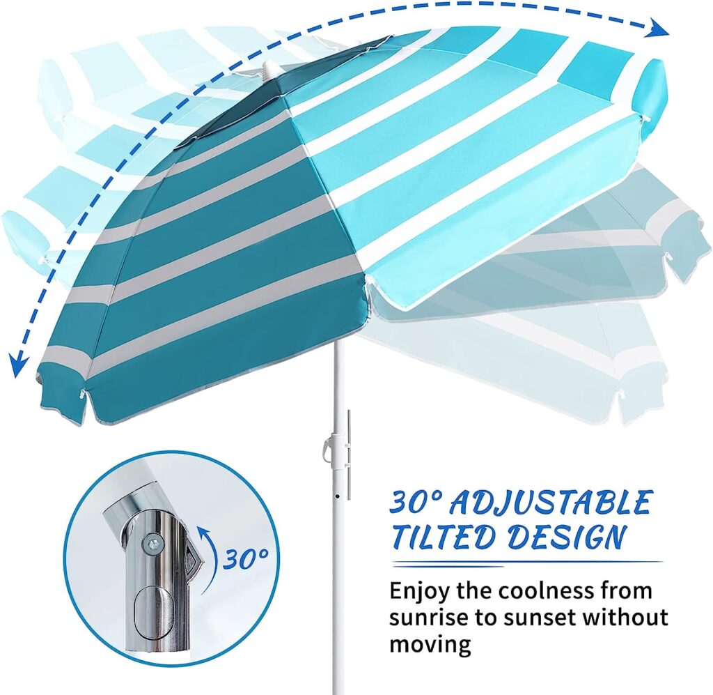 Beach Umbrella - Beach Umbrella for Sand Wind Portable with Tilt Pole, 6.56 FT Arc Length 5.9 FT Diameter, Heavy Duty Wind Resistant Striped Large Umbrellas, UV 50+ Parasol with Anchor Screw Adjustable Height