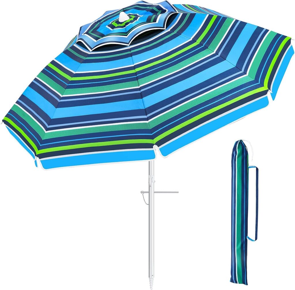 Beach Umbrella for Sand Wind Portable: 7FT Arc Length 6.5FT Diameter Heavy Duty Wind Resistant Striped Large Umbrellas UV 50+ Parasol with Anchor Screw Adjustable Height Tilting Pole 8 Ribs Carry Bag Lightweight