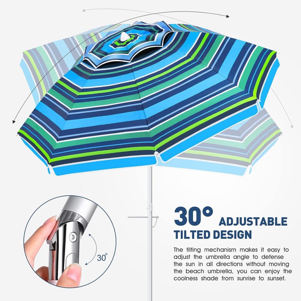 Beach Umbrella for Sand Wind Portable: 7FT Arc Length 6.5FT Diameter Heavy Duty Wind Resistant Striped Large Umbrellas UV 50+ Parasol with Anchor Screw Adjustable Height Tilting Pole 8 Ribs Carry Bag Lightweight