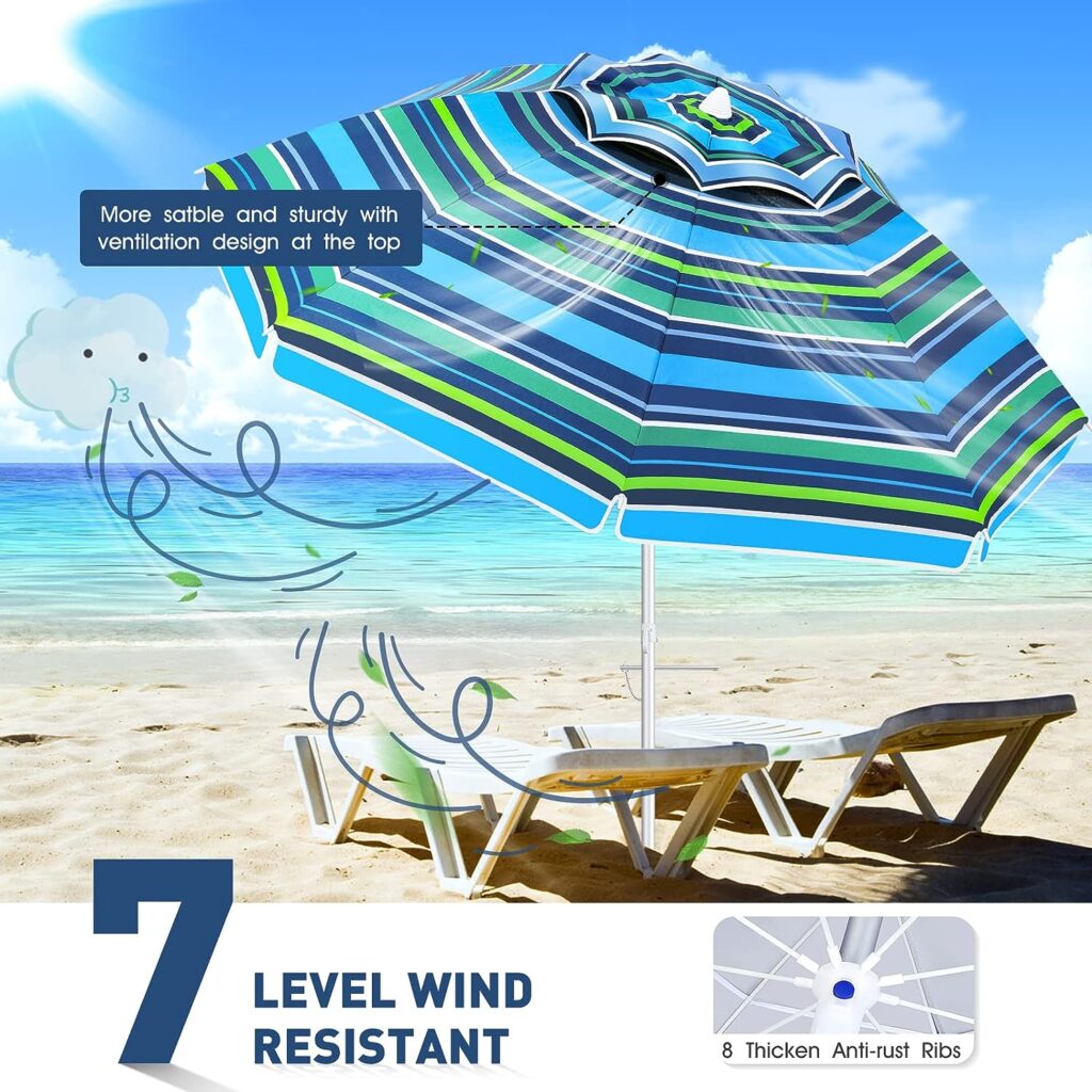 Beach Umbrella for Sand Wind Portable: 7FT Arc Length 6.5FT Diameter Heavy Duty Wind Resistant Striped Large Umbrellas UV 50+ Parasol with Anchor Screw Adjustable Height Tilting Pole 8 Ribs Carry Bag Lightweight