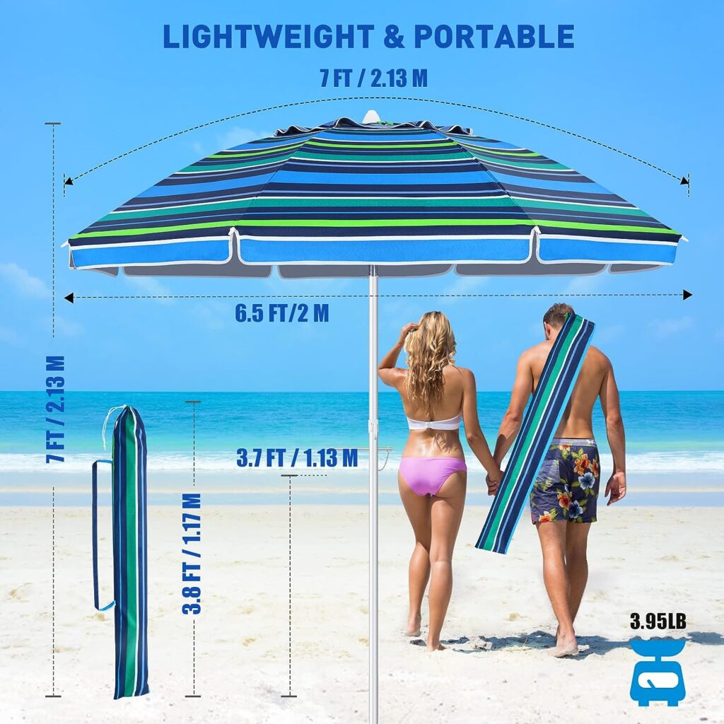 Beach Umbrella for Sand Wind Portable: 7FT Arc Length 6.5FT Diameter Heavy Duty Wind Resistant Striped Large Umbrellas UV 50+ Parasol with Anchor Screw Adjustable Height Tilting Pole 8 Ribs Carry Bag Lightweight