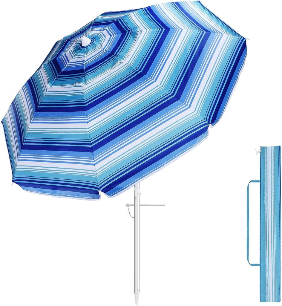 Beach Umbrella for Sand Wind Portable: 7FT Arc Length 6.5FT Diameter Heavy Duty Wind Resistant Striped Large Umbrellas UV 50+ Parasol with Anchor Screw Adjustable Height Tilting Pole 8 Ribs Carry Bag Lightweight