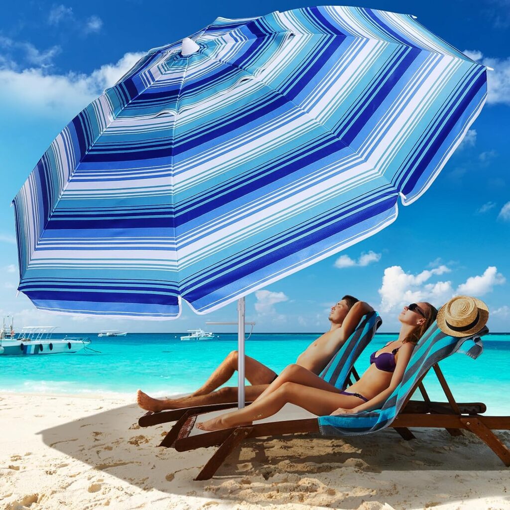 Beach Umbrella for Sand Wind Portable: 7FT Arc Length 6.5FT Diameter Heavy Duty Wind Resistant Striped Large Umbrellas UV 50+ Parasol with Anchor Screw Adjustable Height Tilting Pole 8 Ribs Carry Bag Lightweight