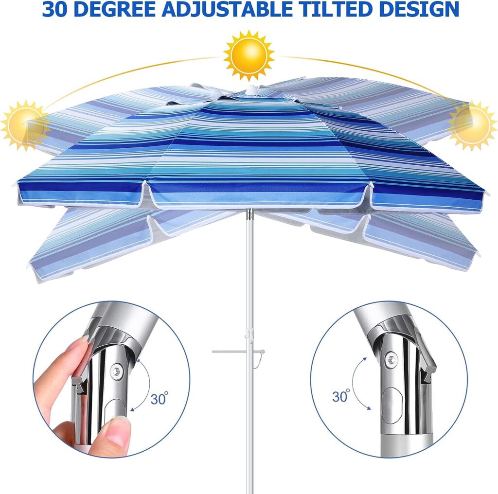 Beach Umbrella for Sand Wind Portable: 7FT Arc Length 6.5FT Diameter Heavy Duty Wind Resistant Striped Large Umbrellas UV 50+ Parasol with Anchor Screw Adjustable Height Tilting Pole 8 Ribs Carry Bag Lightweight