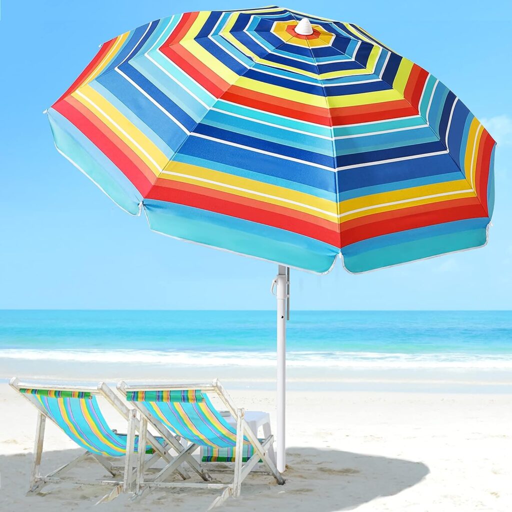 Beach Umbrellas for Sand with Air Vents, 6.56FT Arc Length, 5.9FT Diameter, Heavy Duty Wind Portable, Adjustable Tilting Pole with 8 Ribs UV 50+ and Carry Bag