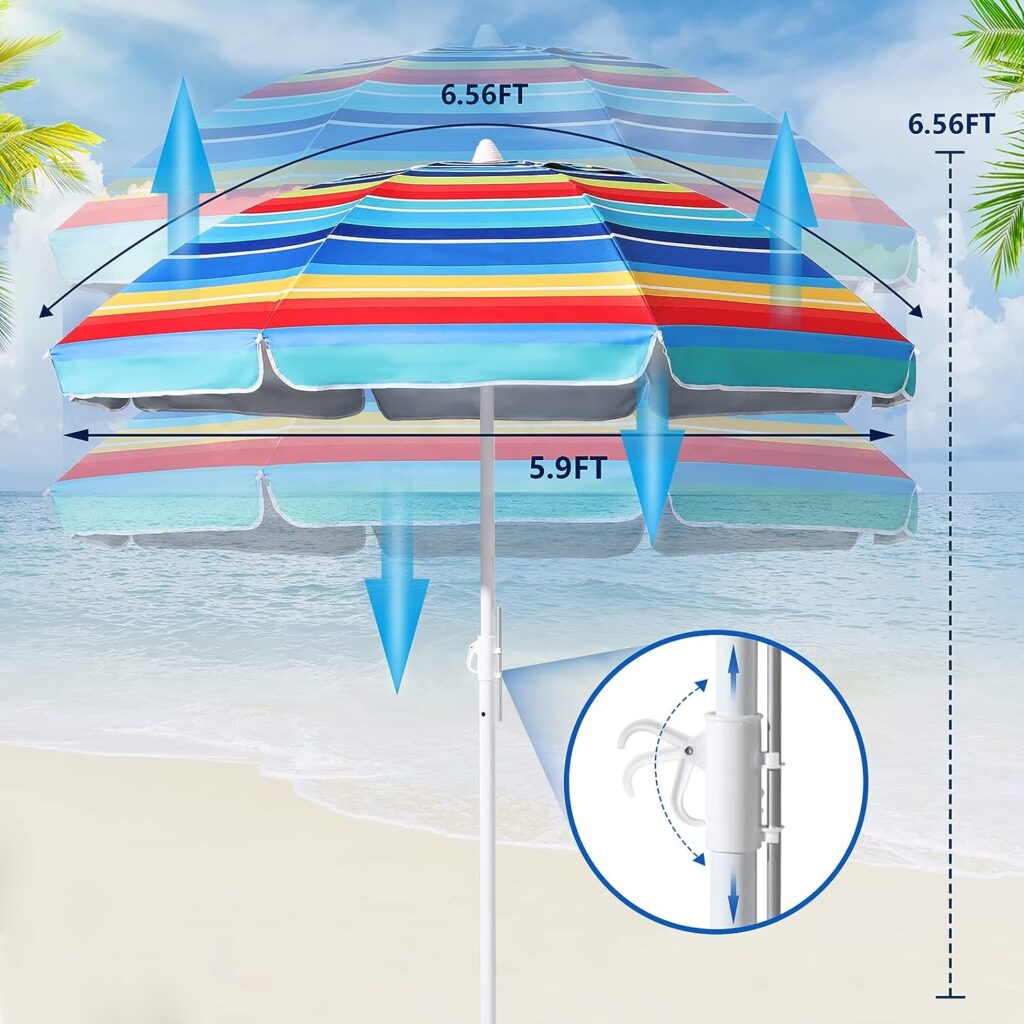 Beach Umbrellas for Sand with Air Vents, 6.56FT Arc Length, 5.9FT Diameter, Heavy Duty Wind Portable, Adjustable Tilting Pole with 8 Ribs UV 50+ and Carry Bag