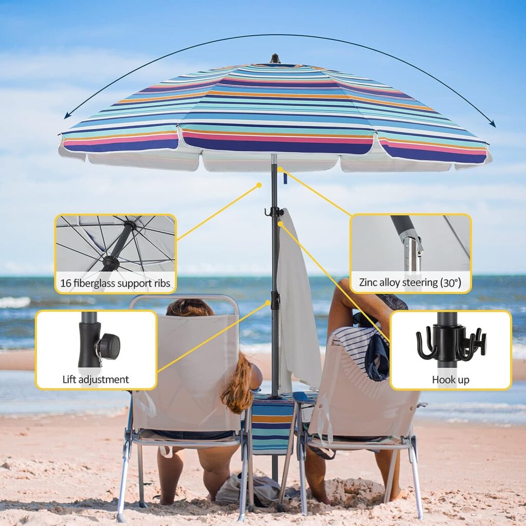 BondFree Beach Umbrellas for Sand Heavy Duty Wind, Portable Sun Shade Umbrella,7FT Sun Umbrella Beach, UPF 50+ PU Coating Beach Umbrella with Carry Bag