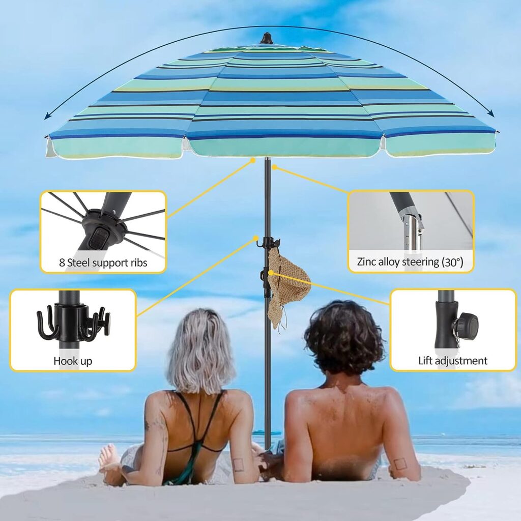 BondFree Beach Umbrellas for Sand Heavy Duty Wind, Portable Sun Shade Umbrella,7FT/8.5FT Sun Umbrella Beach, UPF 50+ PU Coating Beach Umbrella with Carry Bag Hook