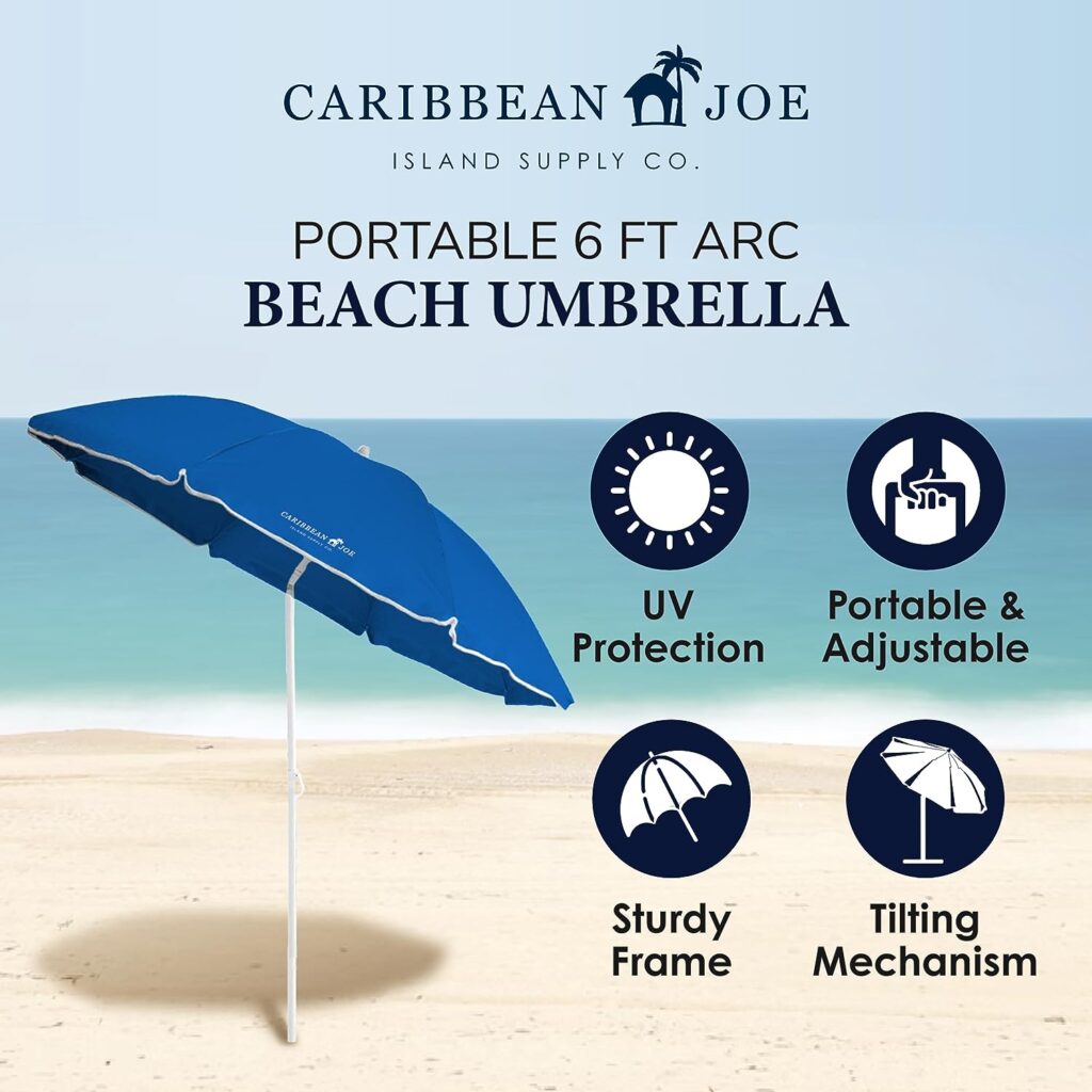 Caribbean Joe Beach Umbrella, Portable and Adjustable Tilt Sun Umbrella with UV Protection, Vented Canopy, Full 6 ft Arc