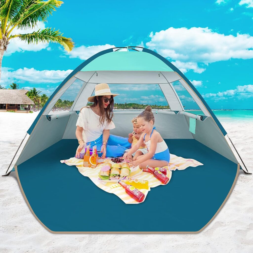 COMMOUDS Beach Tent Sun Shade for 3/4-5/6-8/8-10 Person, UPF 50+ Beach Sun Shelter Canopy Tent, Lightweight, Easy Set Up and Carry Beach Umbrella