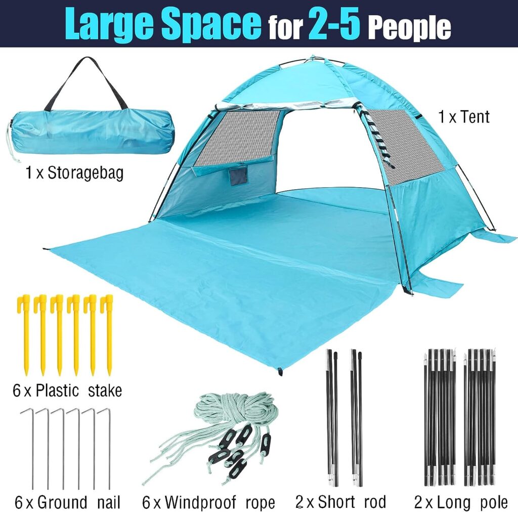 DLUCKY Beach Tent for 2/3-4/5 Person,Anti-UV Portable Sun Shade ShelterUPF 50+,Both Sides Extendable Floor,Extendable Awning,with 2 Ventilating Mesh Windows,Lightweight  Easy Setup.