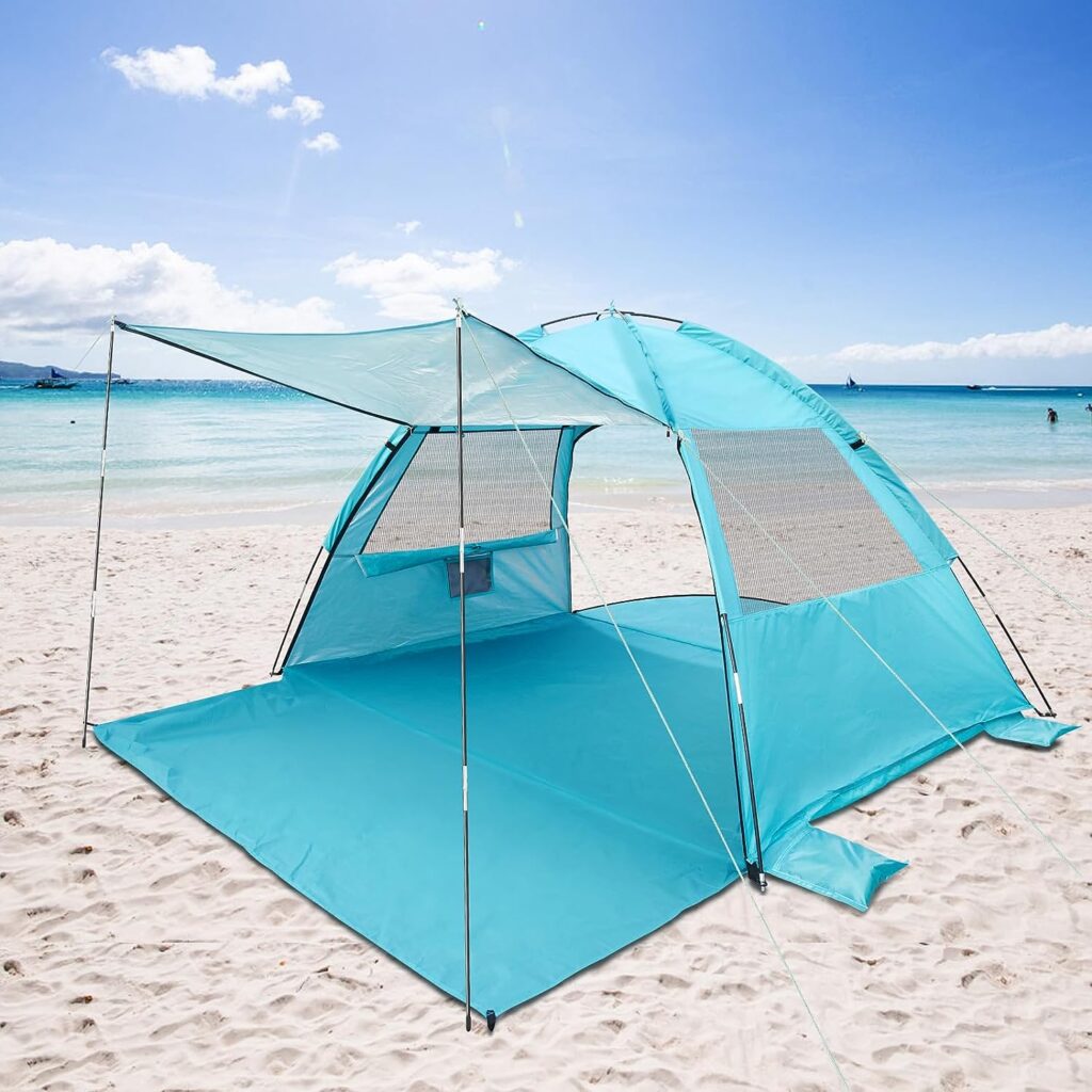 DLUCKY Beach Tent for 2/3-4/5 Person,Anti-UV Portable Sun Shade ShelterUPF 50+,Both Sides Extendable Floor,Extendable Awning,with 2 Ventilating Mesh Windows,Lightweight  Easy Setup.