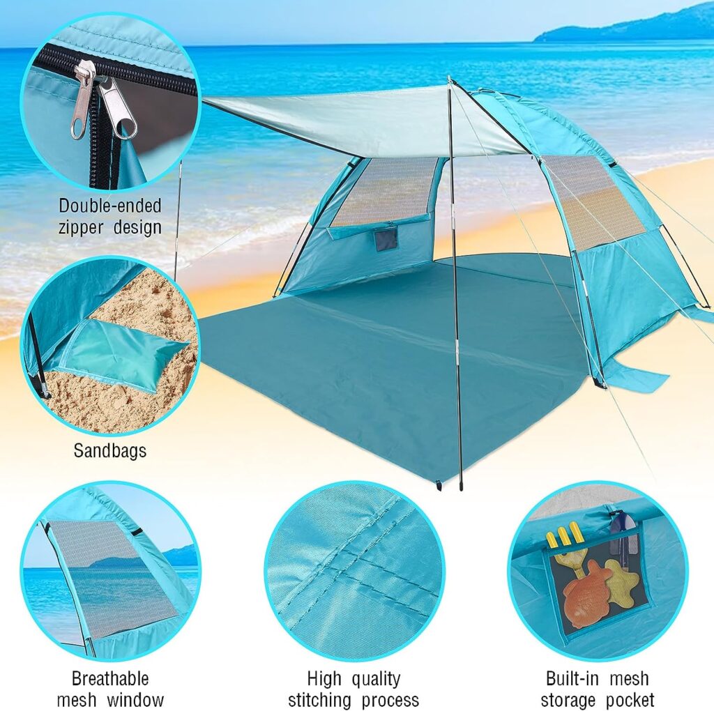 DLUCKY Beach Tent for 2/3-4/5 Person,Anti-UV Portable Sun Shade ShelterUPF 50+,Both Sides Extendable Floor,Extendable Awning,with 2 Ventilating Mesh Windows,Lightweight  Easy Setup.