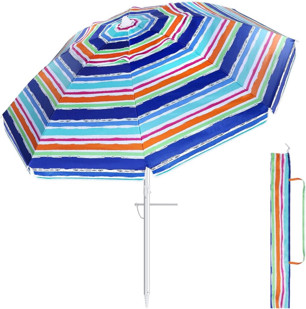 FEFLO Portable Beach Sand Umbrella Outdoor: 7ft Arc Length 6.5ft Diameter UV 50+ Large Heavy Duty Wind Proof Umbrella with Anchor and Adjustable Tilt Pole - 8 Ribs Lightweight Parasol with Carry Bag