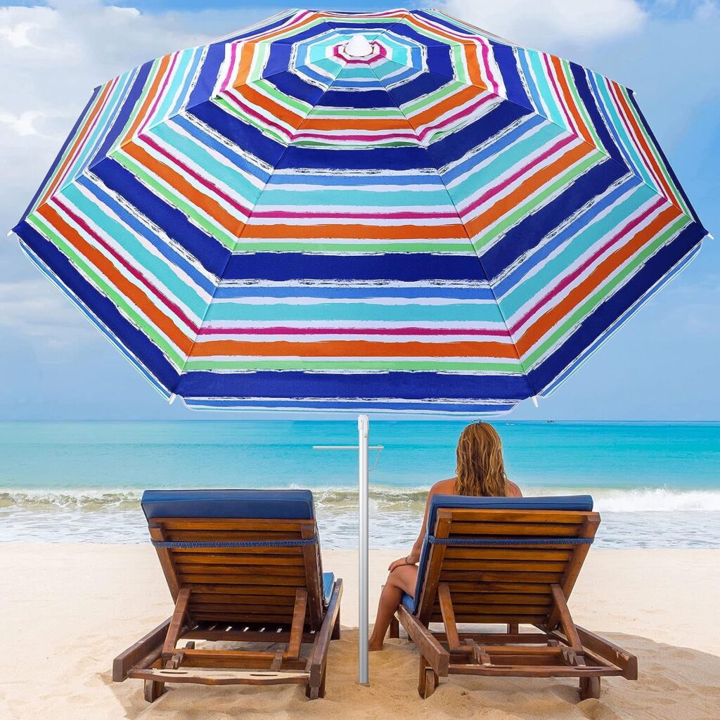 FEFLO Portable Beach Sand Umbrella Outdoor: 7ft Arc Length 6.5ft Diameter UV 50+ Large Heavy Duty Wind Proof Umbrella with Anchor and Adjustable Tilt Pole - 8 Ribs Lightweight Parasol with Carry Bag