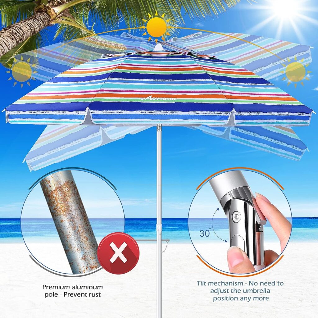 FEFLO Portable Beach Sand Umbrella Outdoor: 7ft Arc Length 6.5ft Diameter UV 50+ Large Heavy Duty Wind Proof Umbrella with Anchor and Adjustable Tilt Pole - 8 Ribs Lightweight Parasol with Carry Bag