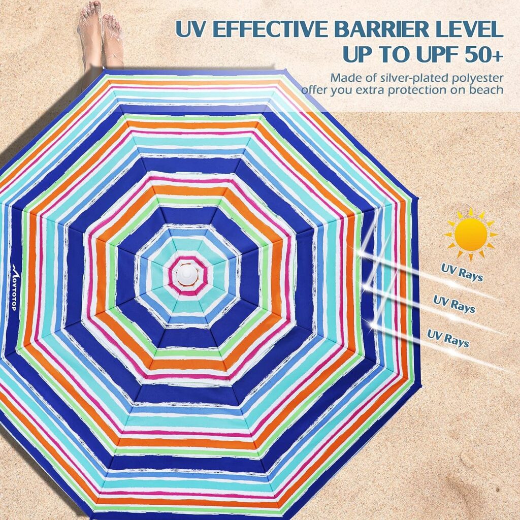 FEFLO Portable Beach Sand Umbrella Outdoor: 7ft Arc Length 6.5ft Diameter UV 50+ Large Heavy Duty Wind Proof Umbrella with Anchor and Adjustable Tilt Pole - 8 Ribs Lightweight Parasol with Carry Bag