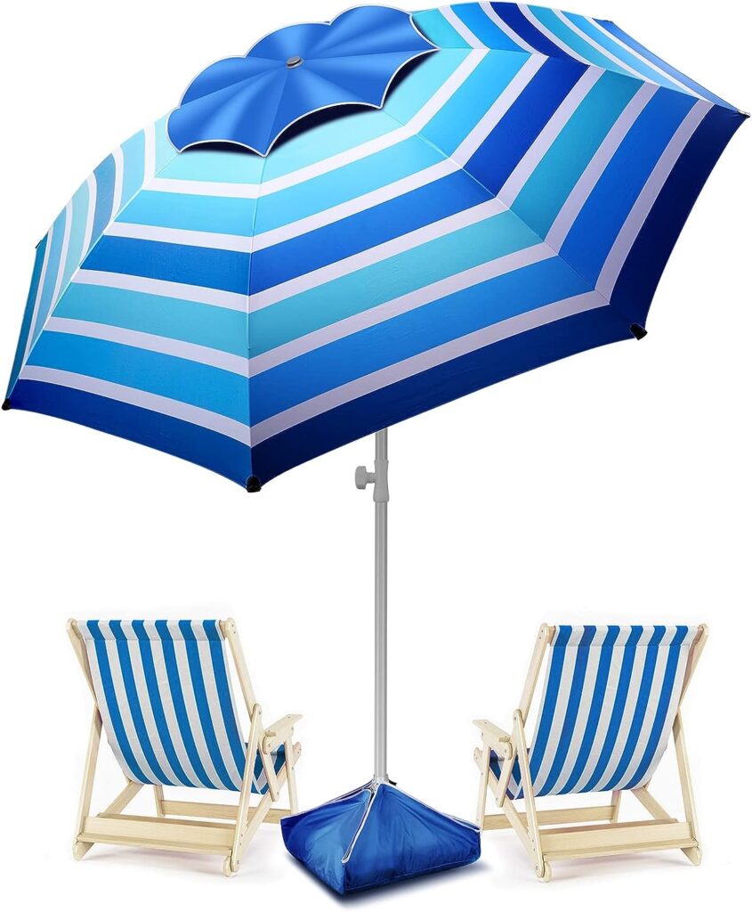 Fisqueen 8FT Large Beach Umbrella, Portable Outdoor Umbrella with UPF50+ UV Protection, Sandbag, Air Vents, Sand Anchor, Push Button Tilt Pole, Windproof Sunshade for Beach, Sand, Patio, Yard