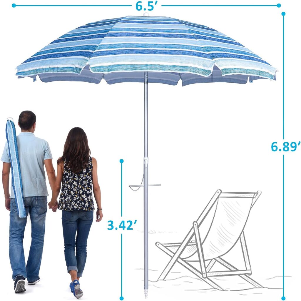 Funsite 6.5ft Beach Umbrellas for Sand, Portable UV 50+ Beach Umbrella with Heavy Duty Anchor, Protection with Tilt  Aluminum Pole, Umbrella Patio with Carry Bag