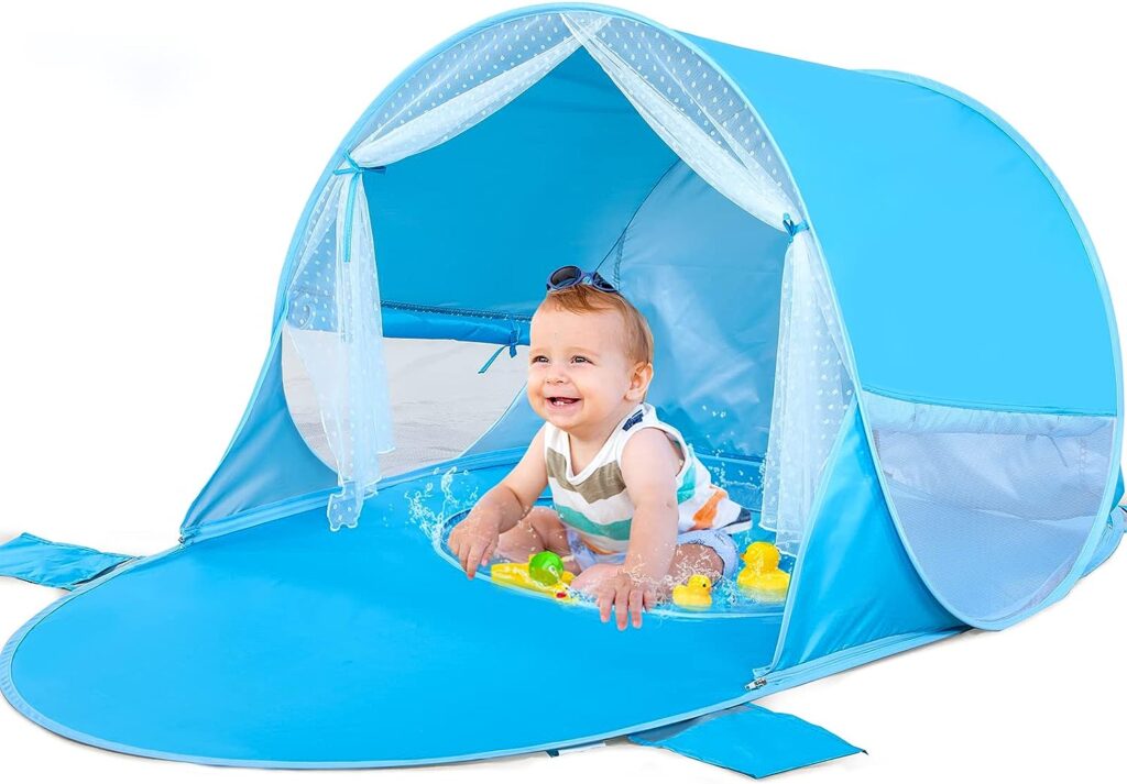 JungleDove Pop Up Baby Beach Tent with Pool and 4 Windows Extendable Beach Canopy Tent for Picnic Camping Beach Fishing Outdoor and Indoor Fun Baby Beach Essentials-Blue (Blue)