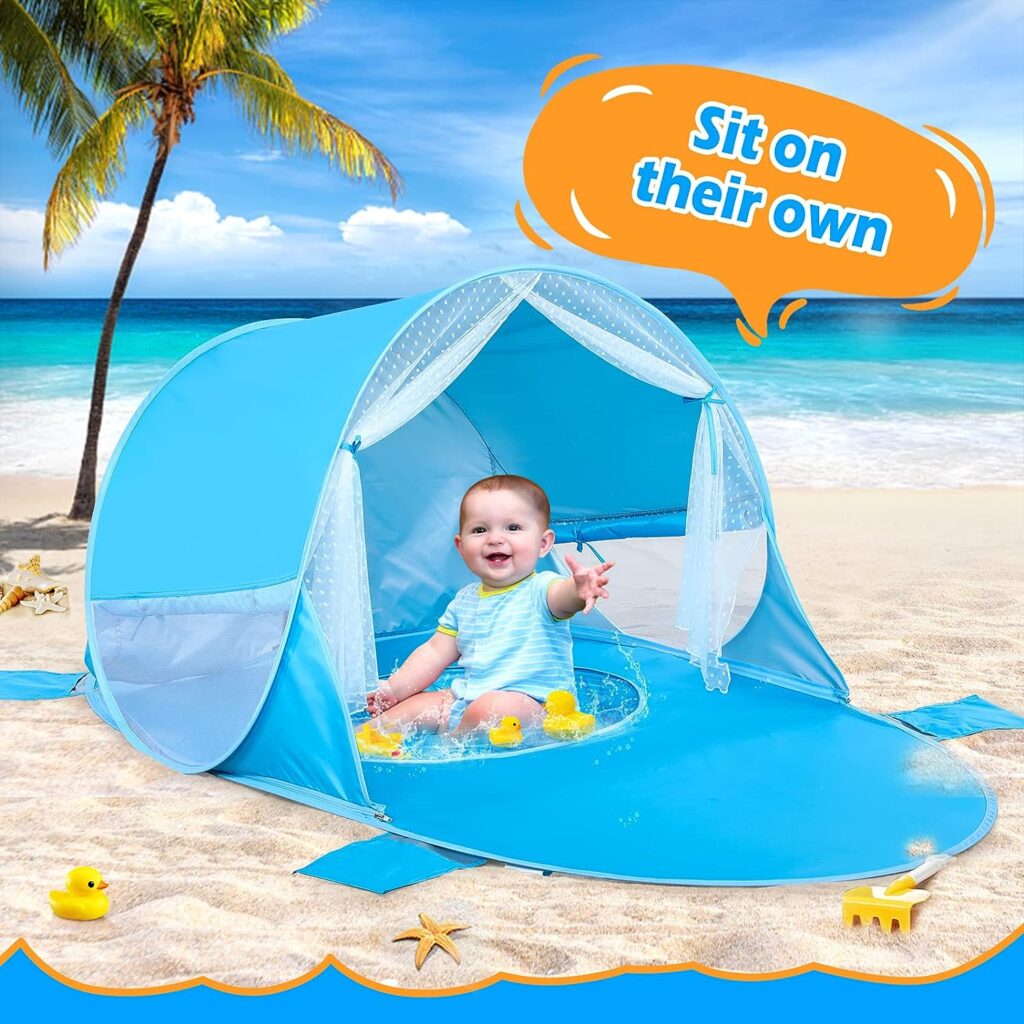 JungleDove Pop Up Baby Beach Tent with Pool and 4 Windows Extendable Beach Canopy Tent for Picnic Camping Beach Fishing Outdoor and Indoor Fun Baby Beach Essentials-Blue (Blue)