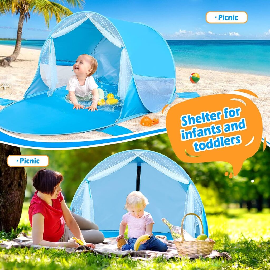 JungleDove Pop Up Baby Beach Tent with Pool and 4 Windows Extendable Beach Canopy Tent for Picnic Camping Beach Fishing Outdoor and Indoor Fun Baby Beach Essentials-Blue (Blue)