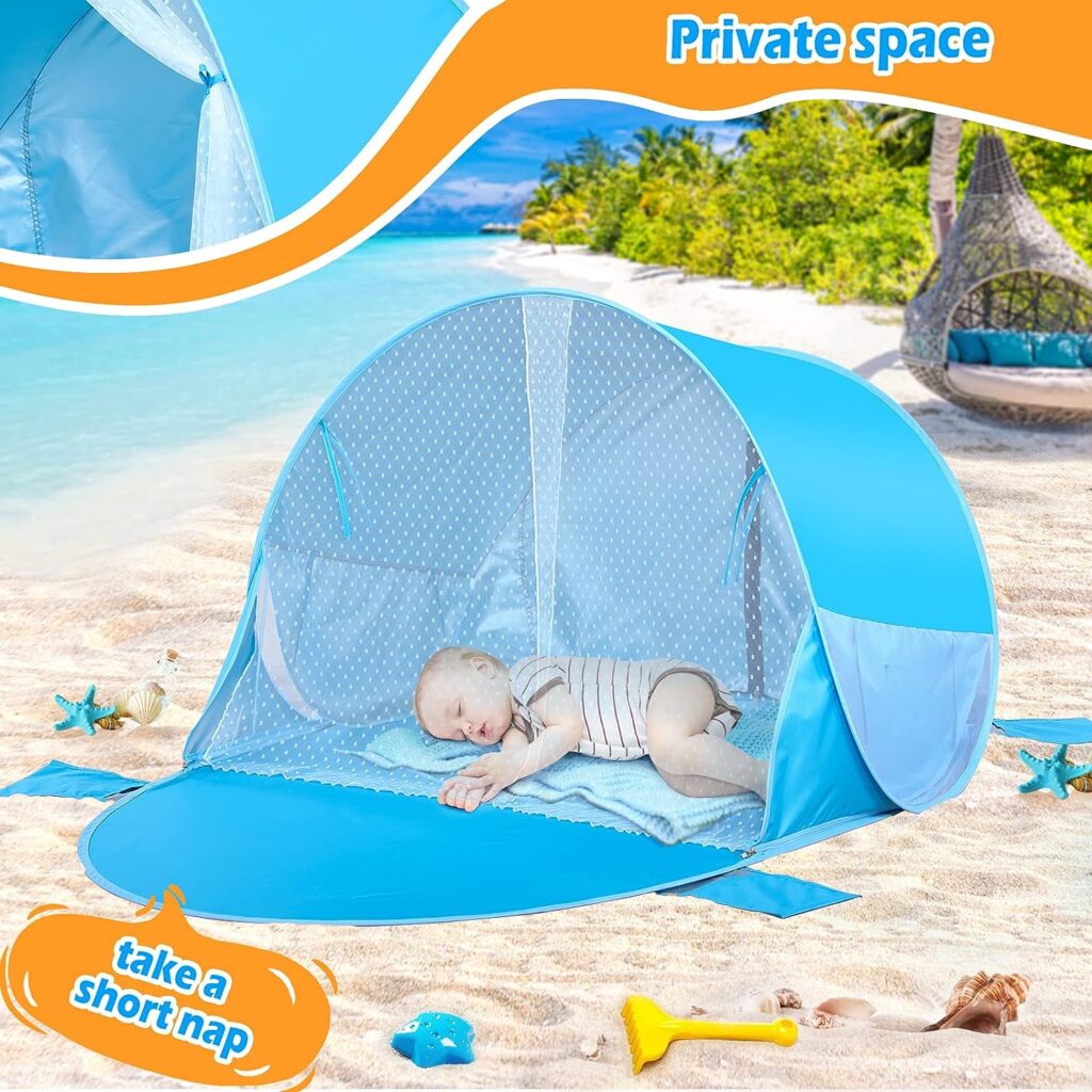 JungleDove Pop Up Baby Beach Tent with Pool and 4 Windows Extendable Beach Canopy Tent for Picnic Camping Beach Fishing Outdoor and Indoor Fun Baby Beach Essentials-Blue (Blue)