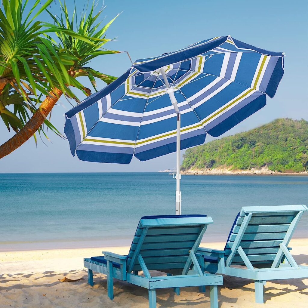 KITADIN 7.5FT Beach Umbrella Portable Outdoor Patio Sun Shelter with Sand Anchor, Fiberglass Rib, Push Button Tilt and Carry Bag Blue/Green