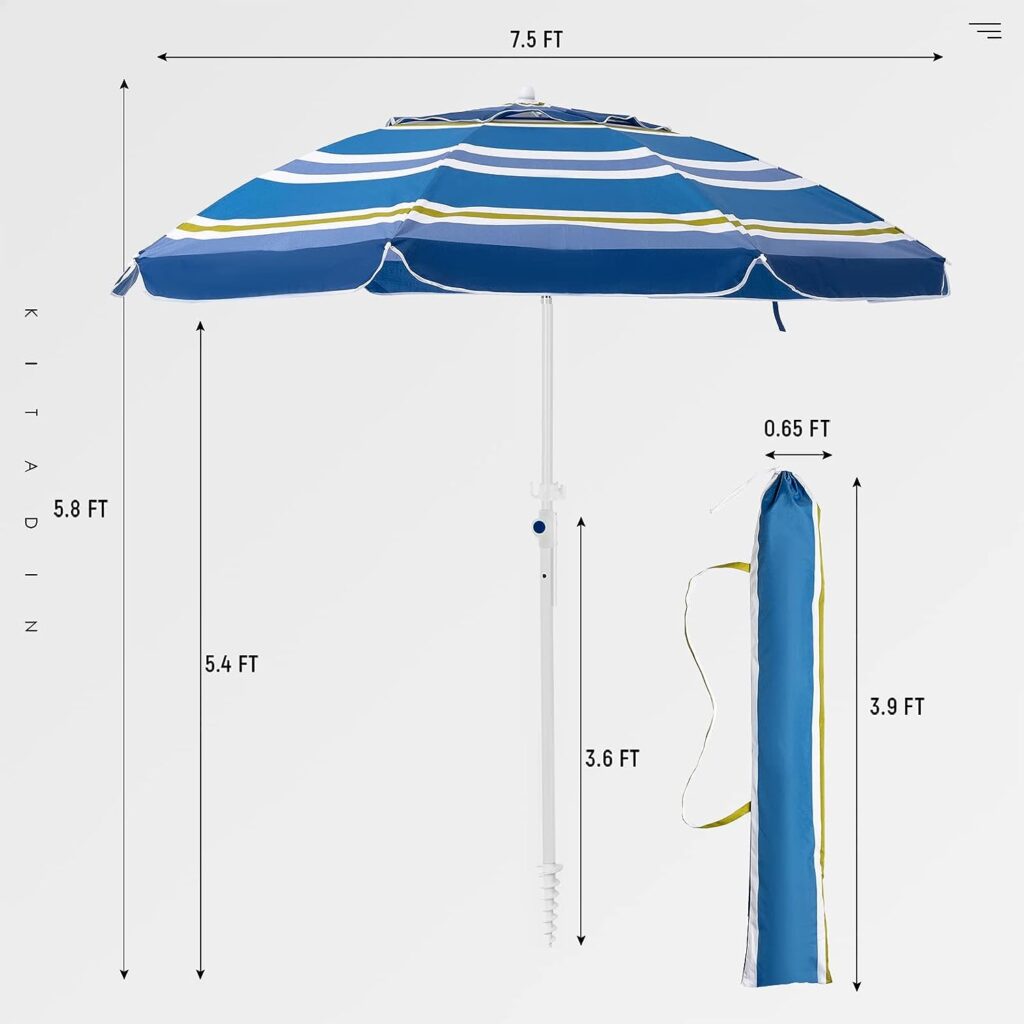 KITADIN 7.5FT Beach Umbrella Portable Outdoor Patio Sun Shelter with Sand Anchor, Fiberglass Rib, Push Button Tilt and Carry Bag Blue/Green