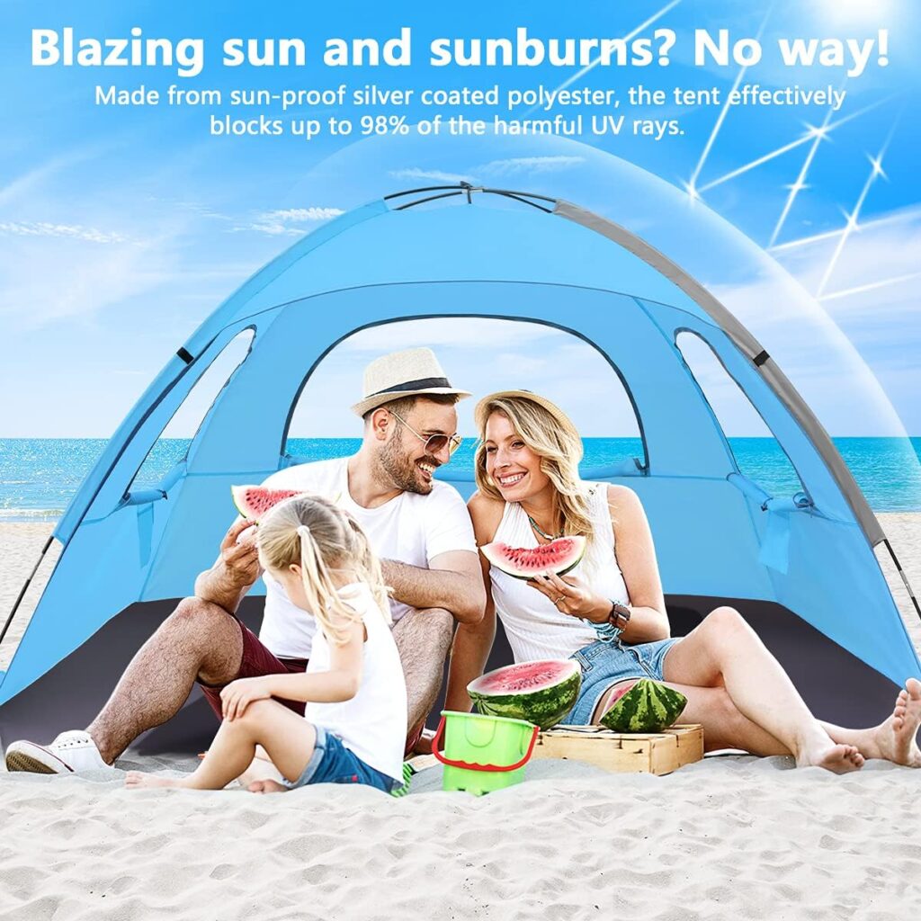 NXONE Beach Tent Sun Shade Shelter for 2-3 Person with UV Protection, Extended Floor, 3 Mesh Roll Up Windows  8.0mm Fiberglass Rods丨Carry Bag Included