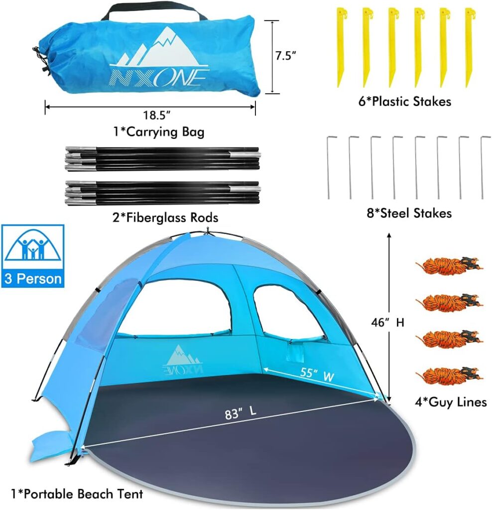 NXONE Beach Tent Sun Shade Shelter for 2-3 Person with UV Protection, Extended Floor, 3 Mesh Roll Up Windows  8.0mm Fiberglass Rods丨Carry Bag Included