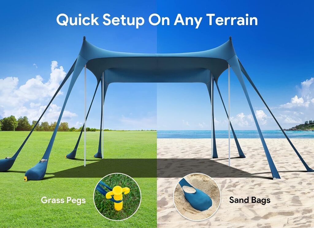 Osoeri Beach Tent, Camping Sun Shelter UPF50+ with 8 Sandbags, Sand Shovels, Ground Pegs  Stability Poles, Outdoor Shade Beach Canopy for Camping Trips, Fishing, Backyard Fun or Picnics