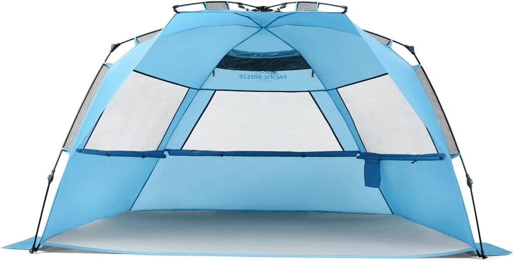 Pacific Breeze Easy Setup Beach Tent Deluxe XL, SPF 50+ Pop Up Beach Tent Provides Shade from The Sun for 4+ People