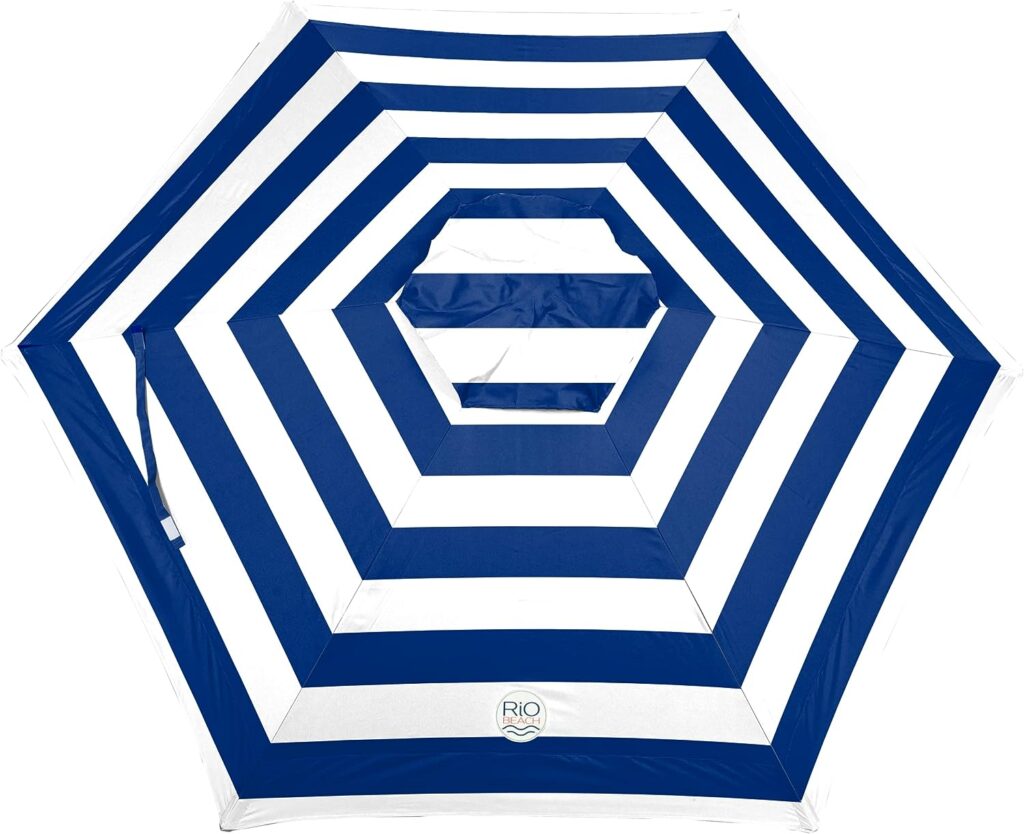 Rio Beach 7 Outdoor Market Umbrella with Sand Anchor and Carrying Bag, Portable Patio and Beach Umbrella with Anchor, Blue/White