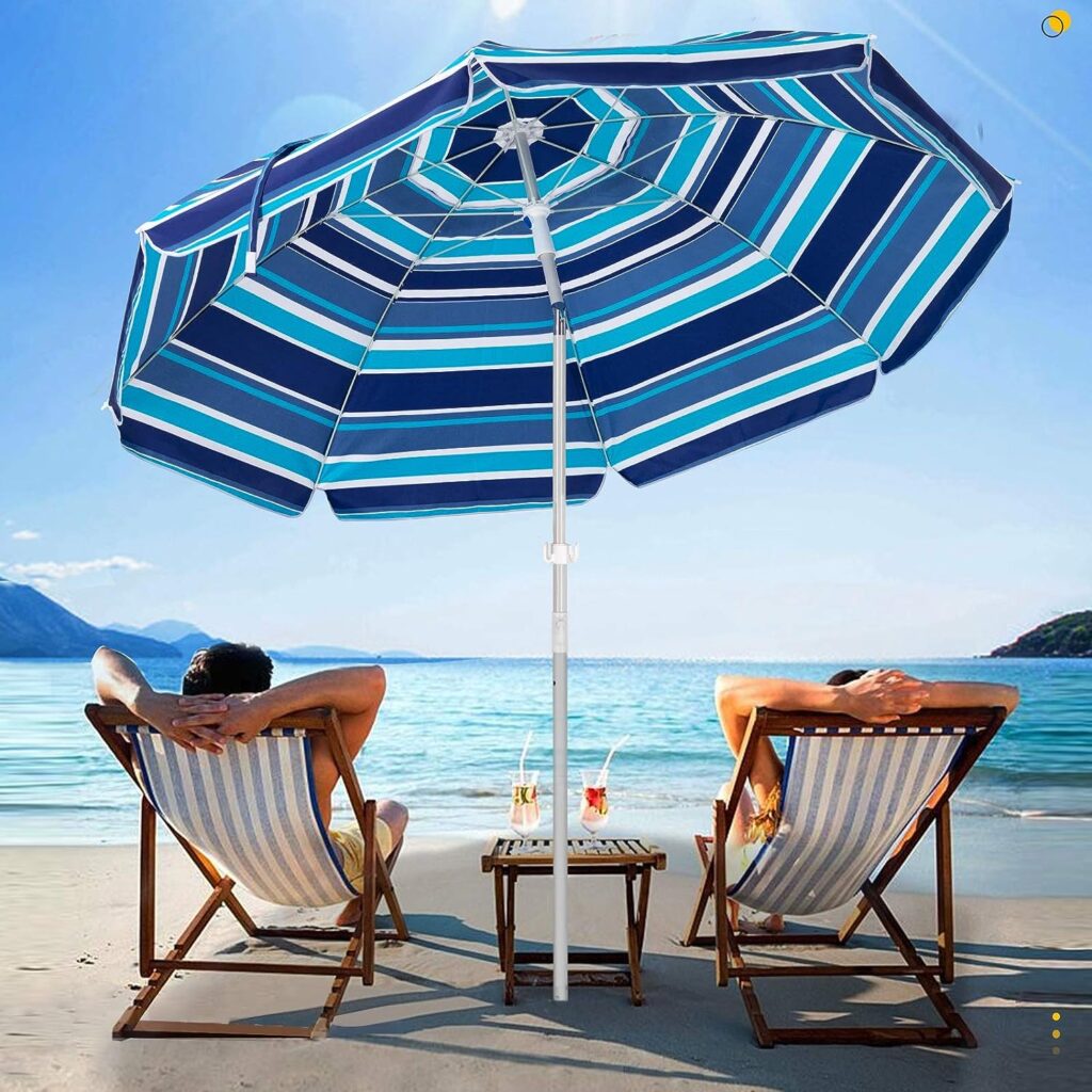 SERWALL 6.5FT Beach Umbrella UV 50+ Outdoor Portable Sunshade Umbrella with Sand Anchor, Push Button Tilt and Carry Bag for Patio Outdoor Garden Beach (Blue-White Stripe)