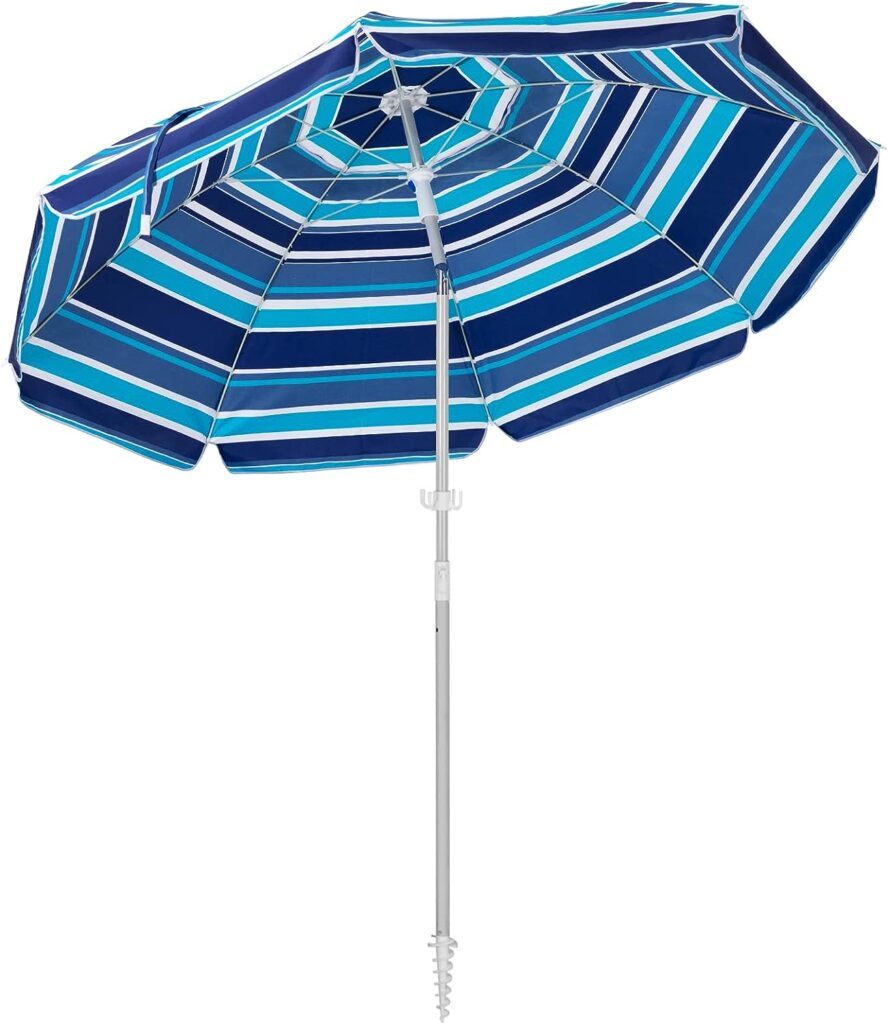 SERWALL 6.5FT Beach Umbrella UV 50+ Outdoor Portable Sunshade Umbrella with Sand Anchor, Push Button Tilt and Carry Bag for Patio Outdoor Garden Beach (Blue-White Stripe)