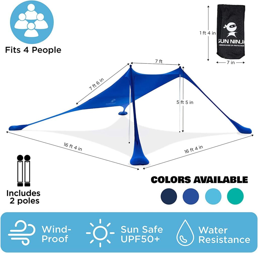 SUN NINJA Beach Tent Sun Shelter with UPF50+ Protection, Includes Sand Shovel, Ground Pegs and Stability Poles, Outdoor Pop Up Beach Shade Canopy for Camping, Fishing, Backyard Fun or Picnics